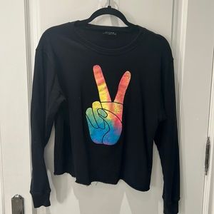 Black sweatshirt with rainbow peace sign